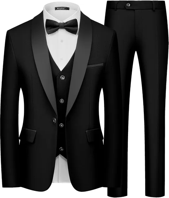 Men's black three-piece tuxedo suit — front view