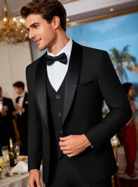 Men's black three-piece tuxedo suit — detail view 4