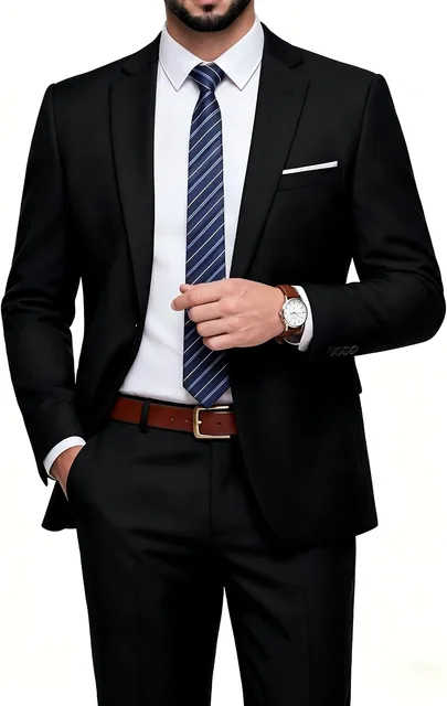 Men's black two-piece suit — front view