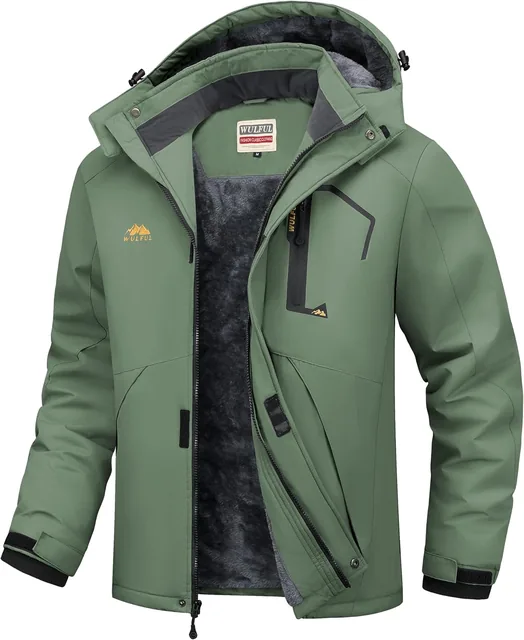 Men's army green ski jacket — front view